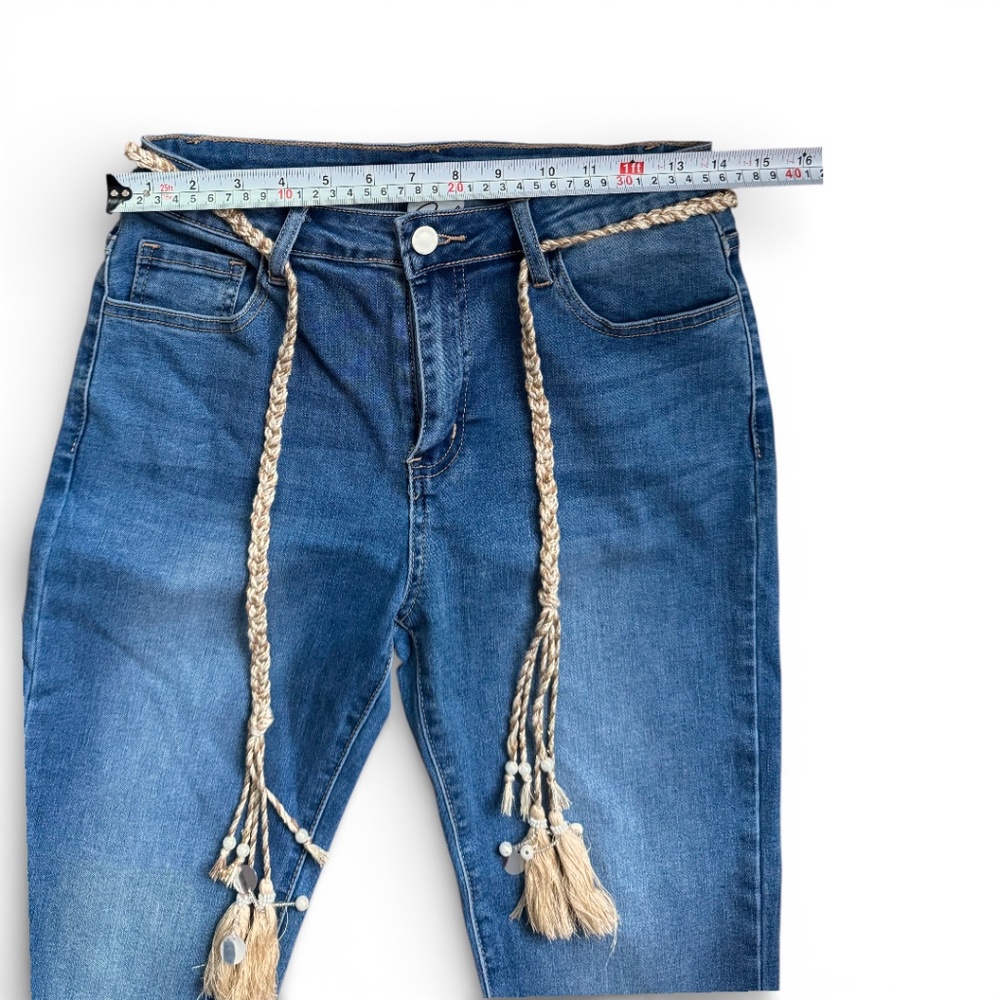 ONADO PARIS Blue embellished skinny jeans lace hem boho tassel detail size M /38 - Picture 9 of 10